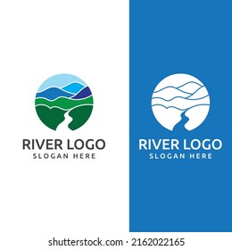 Logos of rivers, creeks, riverbanks and streams. River logo with combination of mountains and farmland with vector concept design.