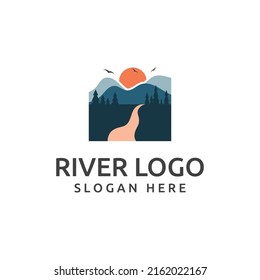 Logos von Flüssen, Bächen, Flüssen und Bächen. Fluss Logo mit Kombination von Bergen und Bauernland mit Vektordesign.