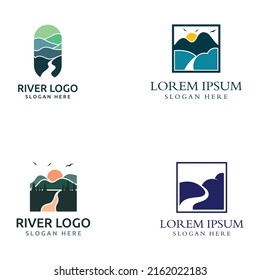 Logos of rivers, creeks, riverbanks and streams. River logo with combination of mountains and farmland with vector concept design.