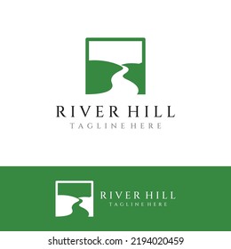 Logos of rivers, creeks, riverbanks and streams. River logo with combination of mountains and farmland with vector concept design.