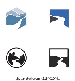 Logotipos de ríos, calas, riberas y arroyos. Logo del río con combinación de montañas y tierras de cultivo con diseño de concepto vectorial.