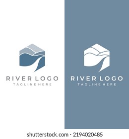 Logos of rivers, creeks, riverbanks and streams. River logo with combination of mountains and farmland with vector concept design.