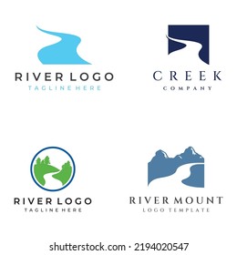 Logos of rivers, creeks, riverbanks and streams. River logo with combination of mountains and farmland with vector concept design.