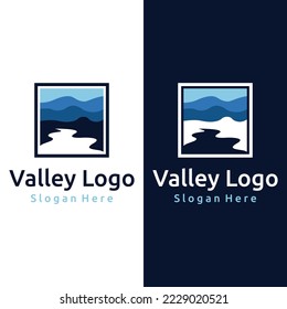 Logos of rivers, creeks, riverbanks and streams. River logo with combination of mountains and farmland with vector concept design.