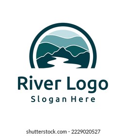 Logotipos de ríos, calas, riberas y arroyos. Logo del río con combinación de montañas y tierras de cultivo con diseño de concepto vectorial.