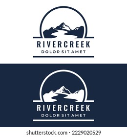 Logos of rivers, creeks, riverbanks and streams. River logo with combination of mountains and farmland with vector concept design.