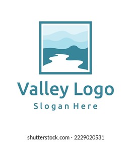 Logos of rivers, creeks, riverbanks and streams. River logo with combination of mountains and farmland with vector concept design.