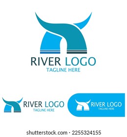 Logos of rivers, creeks, riverbanks and streams, tributaries, riverbanks with a combination of mountains and agricultural land with a modern and simple minimalist vector design concept