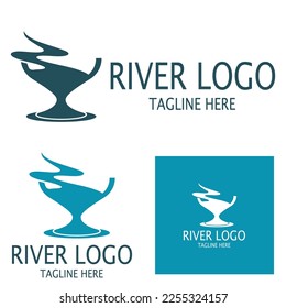 Logos of rivers, creeks, riverbanks and streams, tributaries, riverbanks with a combination of mountains and agricultural land with a modern and simple minimalist vector design concept