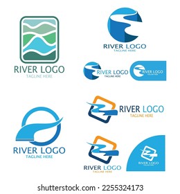 Logos of rivers, creeks, riverbanks and streams, tributaries, riverbanks with a combination of mountains and agricultural land with a modern and simple minimalist vector design concept