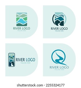 Logos of rivers, creeks, riverbanks and streams, tributaries, riverbanks with a combination of mountains and agricultural land with a modern and simple minimalist vector design concept