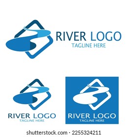 Logos of rivers, creeks, riverbanks and streams, tributaries, riverbanks with a combination of mountains and agricultural land with a modern and simple minimalist vector design concept