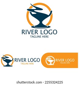 Logos of rivers, creeks, riverbanks and streams, tributaries, riverbanks with a combination of mountains and agricultural land with a modern and simple minimalist vector design concept