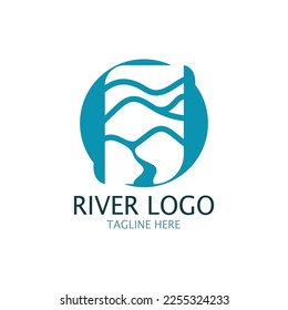 Logos of rivers, creeks, riverbanks and streams, tributaries, riverbanks with a combination of mountains and agricultural land with a modern and simple minimalist vector design concept