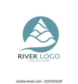Logos of rivers, creeks, riverbanks and streams, tributaries, riverbanks with a combination of mountains and agricultural land with a modern and simple minimalist vector design concept