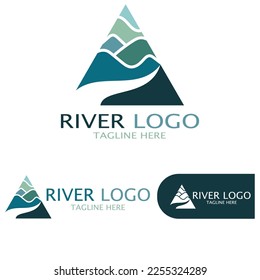 Logos of rivers, creeks, riverbanks and streams, tributaries, riverbanks with a combination of mountains and agricultural land with a modern and simple minimalist vector design concept