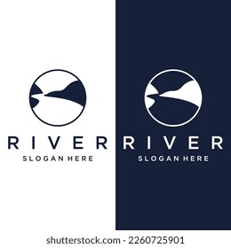 Logos of rivers, creeks, riverbanks and streams. River logo with combination of mountains and farmland with vector concept design.