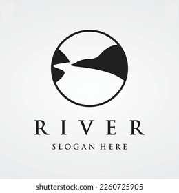 Logotipos de ríos, calas, riberas y arroyos. Logo del río con combinación de montañas y tierras de cultivo con diseño de concepto vectorial.
