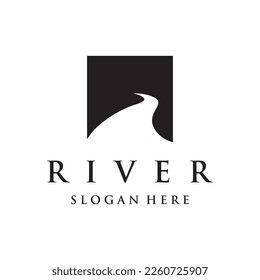Logotipos de ríos, calas, riberas y arroyos. Logo del río con combinación de montañas y tierras de cultivo con diseño de concepto vectorial.