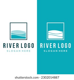 Logos of rivers, creeks, riverbanks and streams. River logo with combination of mountains and farmland with vector concept design.
