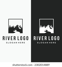 Logos of rivers, creeks, riverbanks and streams. River logo with combination of mountains and farmland with vector concept design.