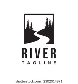 Logos of rivers, creeks, riverbanks and streams. River logo with combination of mountains and farmland with vector concept design.