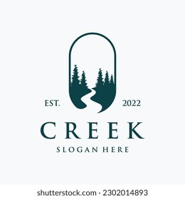 Logos of rivers, creeks, riverbanks and streams. River logo with combination of mountains and farmland with vector concept design.