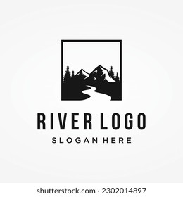 Logos of rivers, creeks, riverbanks and streams. River logo with combination of mountains and farmland with vector concept design.