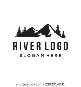 Logos of rivers, creeks, riverbanks and streams. River logo with combination of mountains and farmland with vector concept design.