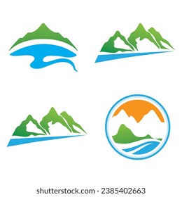 Logos of rivers, creeks, riverbanks and streams. River logo with combination of mountains and farmland with concept design vector illustration template.	