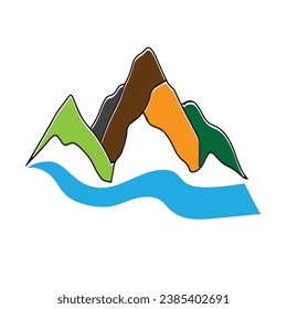 Logos of rivers, creeks, riverbanks and streams. River logo with combination of mountains and farmland with concept design vector illustration template.	