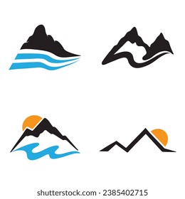 Logos of rivers, creeks, riverbanks and streams. River logo with combination of mountains and farmland with concept design vector illustration template.	