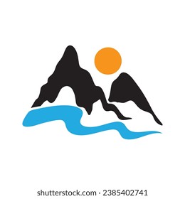 Logos of rivers, creeks, riverbanks and streams. River logo with combination of mountains and farmland with concept design vector illustration template.	