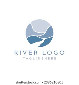 Logotipos de ríos, calas, riberas y arroyos. Logo del río con combinación de montañas y tierras de cultivo con diseño de concepto vectorial.