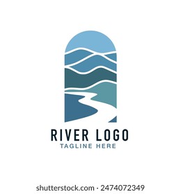 Logos of rivers, creeks, riverbanks and streams. River logo with combination of mountains