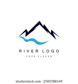 Logos of rivers, creeks, riverbanks and streams. River logo with combination of mountains, farmland, sunrise with vector concept design.