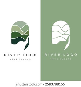 Logos of rivers, creeks, riverbanks and streams. River logo with combination of mountains, farmland, sunrise with vector concept design.