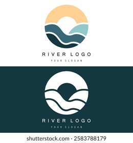 Logos of rivers, creeks, riverbanks and streams. River logo with combination of mountains, farmland, sunrise with vector concept design.