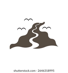 Logos des rivières, des ruisseaux, des berges et des ruisseaux. Logo de rivière avec la combinaison de montagnes et de terres agricoles avec la conception de la template d'illustration vectorielle