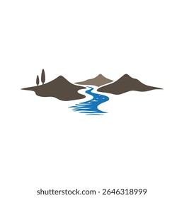Logos des rivières, des ruisseaux, des berges et des ruisseaux. Logo de rivière avec la combinaison de montagnes et de terres agricoles avec la conception de la template d'illustration vectorielle