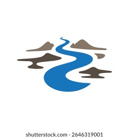 Logos des rivières, des ruisseaux, des berges et des ruisseaux. Logo de rivière avec la combinaison de montagnes et de terres agricoles avec la conception de la template d'illustration vectorielle