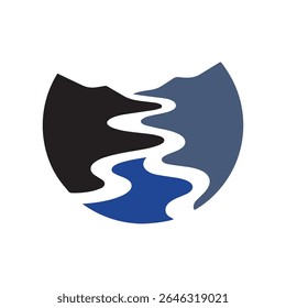 Logos des rivières, des ruisseaux, des berges et des ruisseaux. Logo de rivière avec la combinaison de montagnes et de terres agricoles avec la conception de la template d'illustration vectorielle