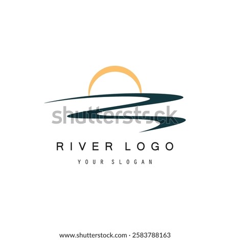 Logos of rivers, creeks, riverbanks and streams. River logo with combination of mountains, farmland, sunrise with vector concept design.