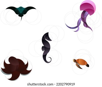 Logos of sea creatures made of circles