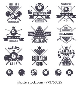 Logos set for billiard club. Billiard badge and emblem, game sport snooker illustration