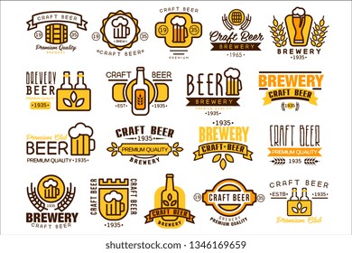 Logos set for brewing company. Vintage linear labels. Emblems with bottles, wheat branches, mugs with beer foam and ribbons. Vector design for pub, bar, brewery or tavern