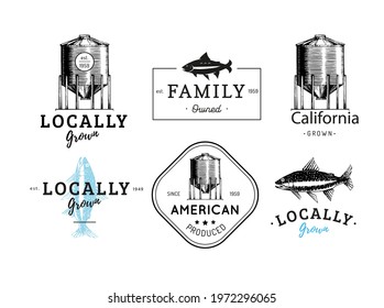 Logos set with a farm hopper and a trout in vector. Graphic illustrations of grain tanks and a salmon with hand lettering. Used for market packaging, store label, restaurant and farm tag etc.