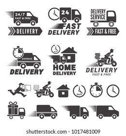 Logos set of fast delivery service. Vector labels isolate on white. Illustration of delivery service fast and free