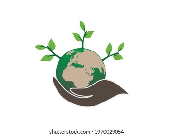 Logos and symbols of nature conservation in vector without the words and words World Environment Day. Hands and small trees that will be planted and grown for the Go Green living concept
