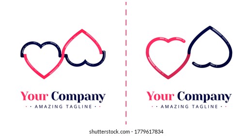 The logos of two hearts that are connected to symbolize the union of love and infinity. Templates can be used for corporate, apps, business, events, poster, brochure, invitation, card, website, banner